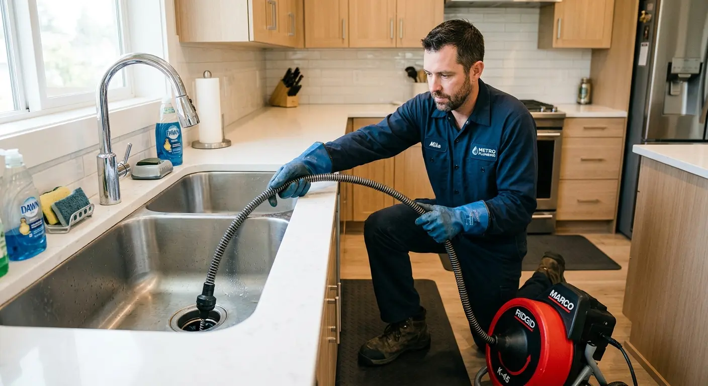 Drain cleaning technician using a motorized snake on a kitchen sink in Buda