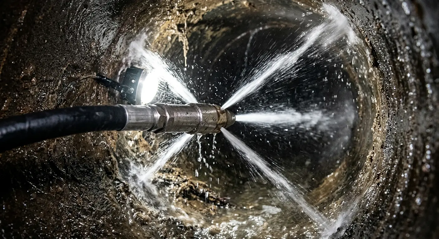High-pressure hydro jetting nozzle cleaning sewer pipe for Trenchless Sewer Repair in Buda