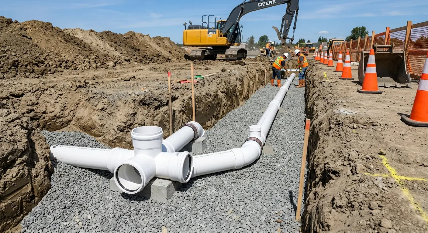 New PVC sewer pipe installation in open trench for Commercial Drain Cleaning in Buda