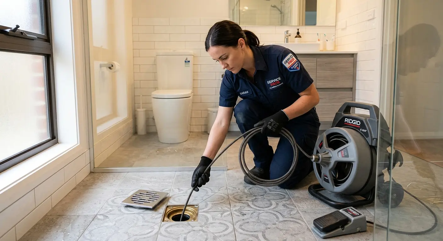 Technician clearing a bathroom floor drain for Sewer Line Replacement in Buda